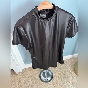 Metallic black mock neck short sleeved t shirt